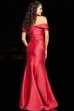 Model wearing Jovani 26187 red off-the-shoulder gown back view