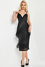 Model wearing Jovani 26192 black dress with V-neckline and beadwork, front view