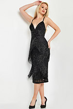 Model wearing Jovani 26192 black dress with V-neckline, full front view