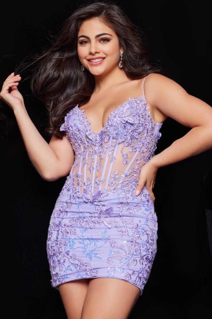 Model wearing Jovani 26194 lilac dress, front view, full length