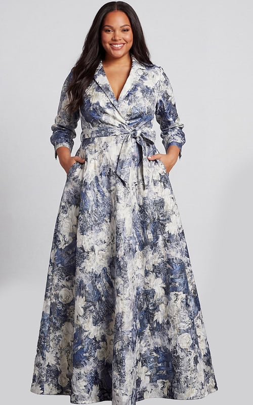 Elegant floral wrap gown with long sleeves