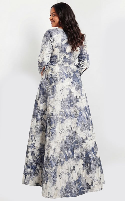Back view of long floral wrap gown