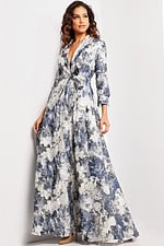 model wearing Jovani 26202 printed dress in full length with lapel neckline and long sleeves