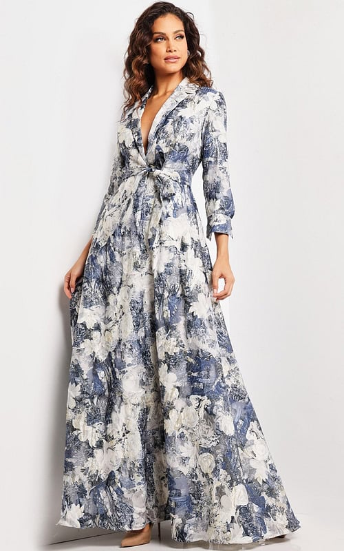 model wearing Jovani 26202 printed dress in full length with lapel neckline and long sleeves