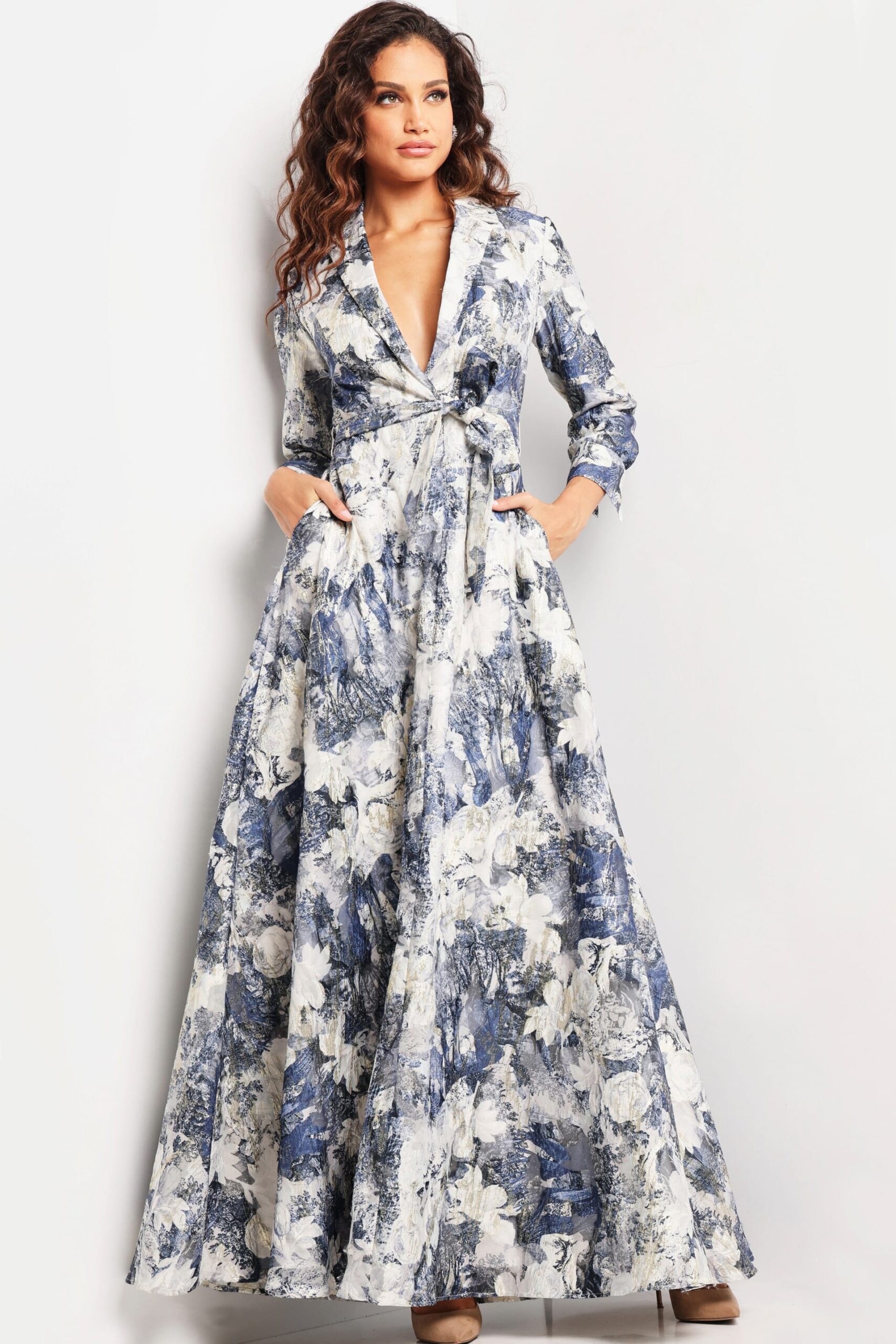 品質が完璧 Gown Neck V Sleeve Long Print 26202 Jovani | ワンピース