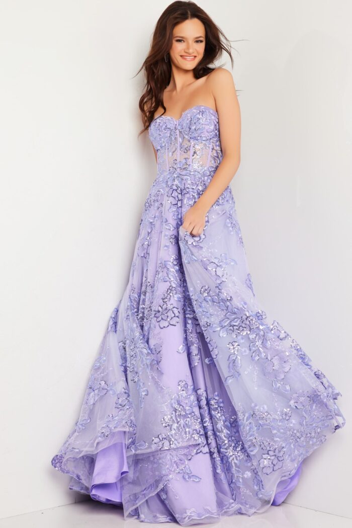 Jovani 26223 lilac ball gown with sweetheart neckline and intricate floral detailing.
