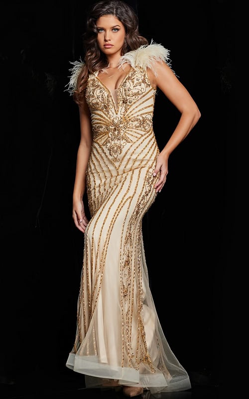 Model wearing Jovani 26224 gold gown with intricate beadwork, alternative front view.
