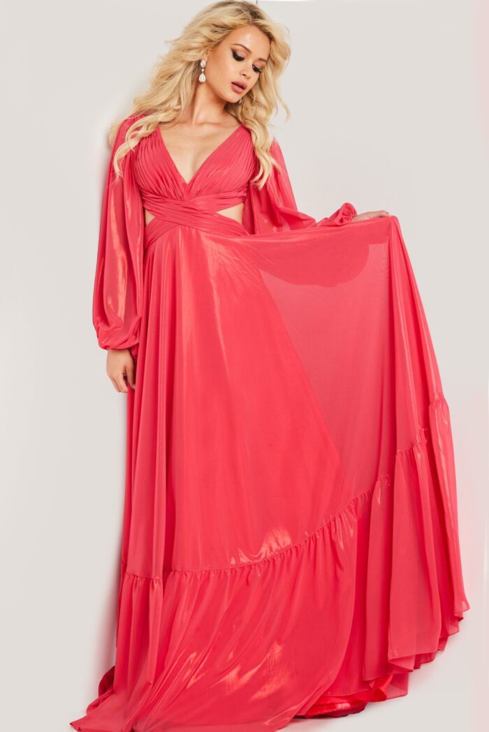 Model wearing Jovani 26247 orange dress with V-neckline and A-line silhouette