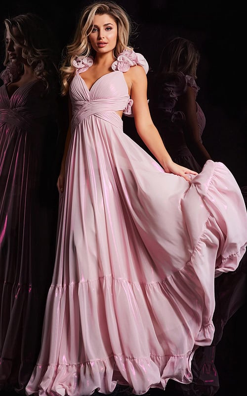 Model wearing Jovani 26248 pink dress with floral shoulder details, front view.