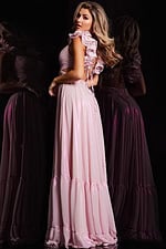 Model wearing Jovani 26248 pink gown, back view highlighting shoulder details.