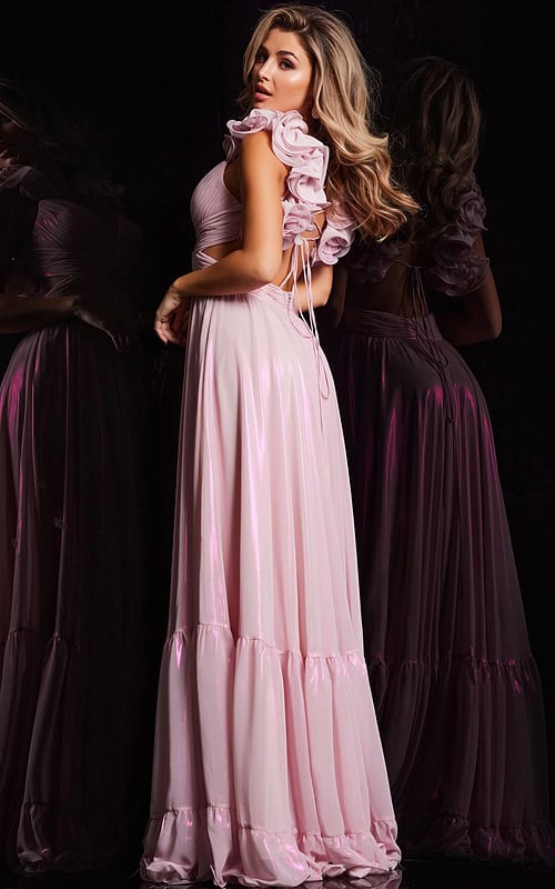 Model wearing Jovani 26248 pink gown, back view highlighting shoulder details.
