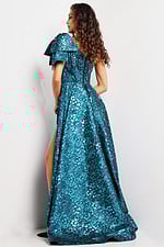 Model wearing Jovani 26254 blue gown from the back with one-shoulder neckline and high slit.