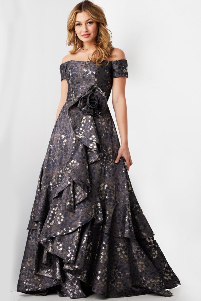 Model wearing Jovani 26256 gray dress front view with cascading ruffles