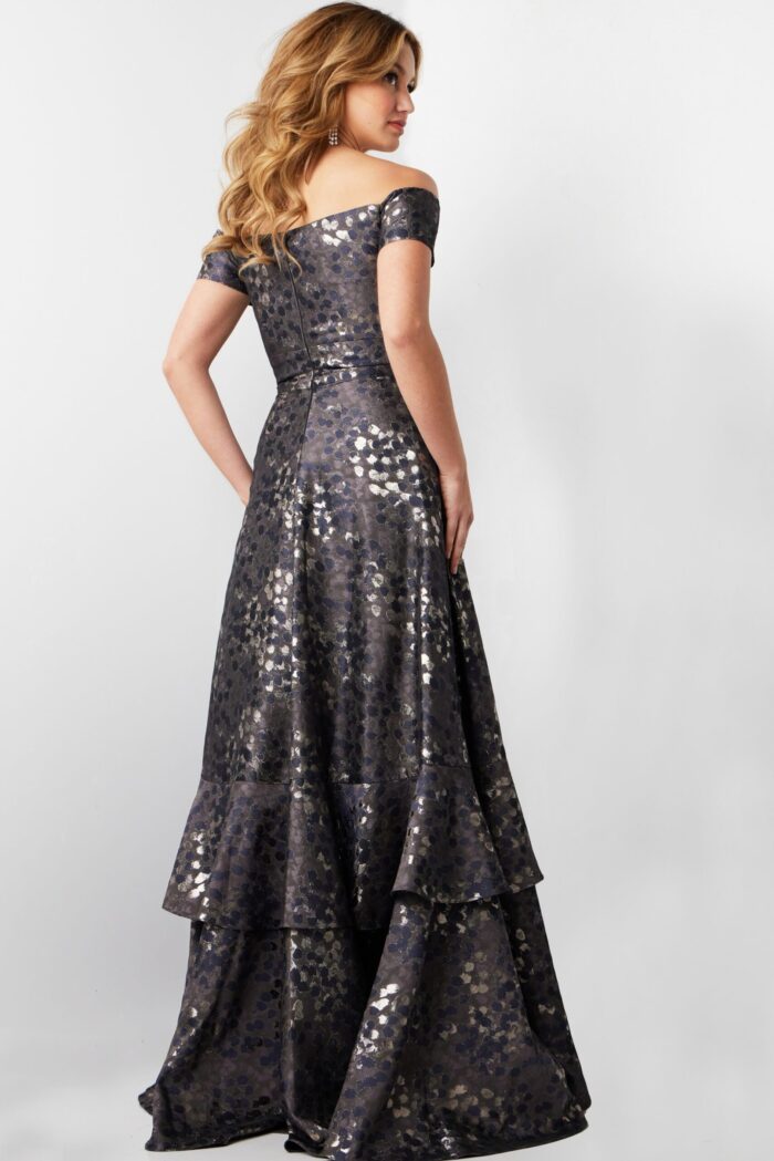 Model wearing Jovani 26256 gray dress with back view showing off-the-shoulder style