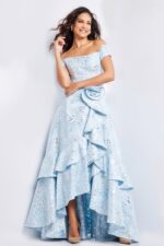 Model in Jovani 26256 blue dress with elegance and ruffle details