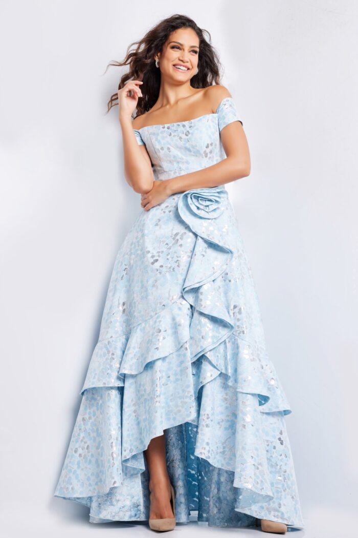 Model in Jovani 26256 blue dress with elegance and ruffle details