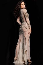 Model wearing Jovani 26257 nude gown with gold embellishments, back view.