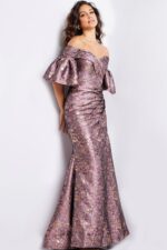 スーツ・フォーマル・ドレス hem tiered volume sleeve embroidery OP Brown and Gold Floral Sheath Formal Dress 26258 | Jovani