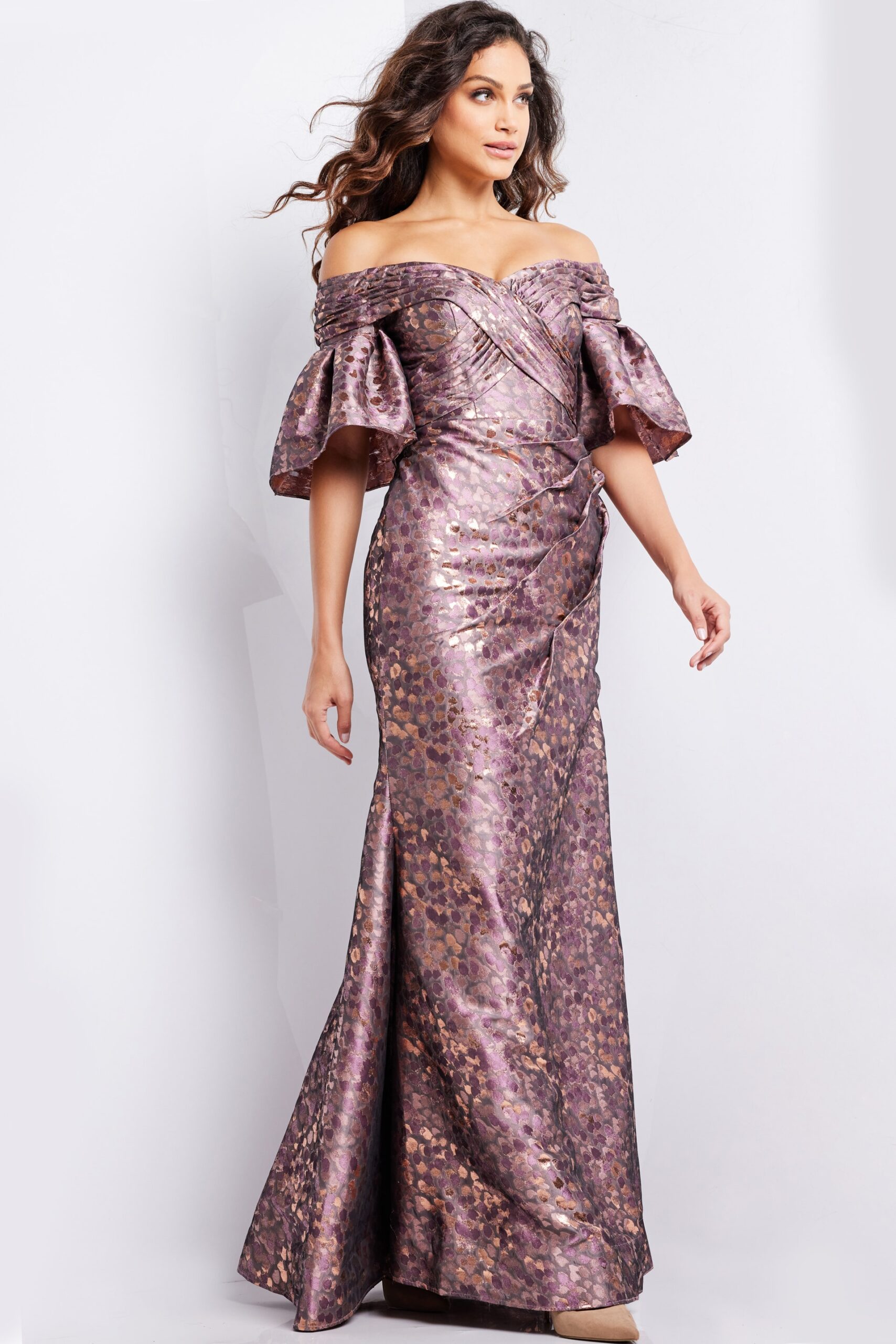 JOVANI ボディーレース 花柄 ロングドレス ブラック ヌード Brown and Gold Floral Sheath Formal Dress 26258 | Jovani
