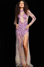 Model wearing Jovani 26264 purple gown with high neckline and bead embellishments