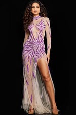 Front view of Jovani 26264 purple gown with intricate beadwork