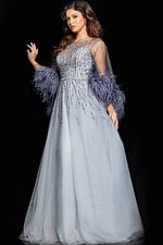Model wearing Jovani 26265 gray embellished gown with feathered sleeves, front full-length view.