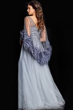 Back view of Jovani 26265 gray dress with embellished bodice and feathered sleeves.