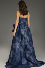 Back view of the Jovani 26269 navy dress with intricate floral detail