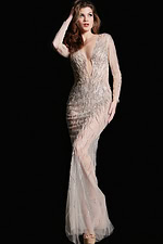 Model displays the Jovani 26275 nude gown, featuring a plunging V-neckline and embellished detailing.