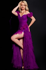 Model wearing Jovani 26312 elegant purple gown with ruched sleeves.