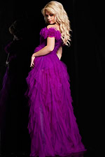 Back view of Jovani 26312 purple gown showing layered tulle skirt.
