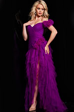Model wearing Jovani 26312 purple gown with off-the-shoulder neckline and high slit.