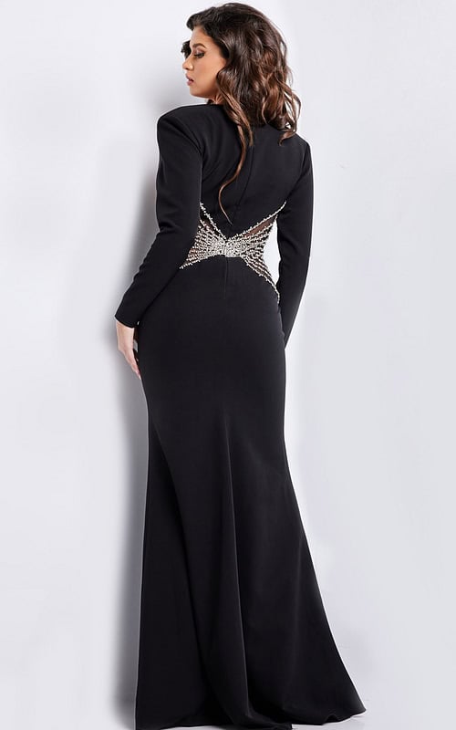 Back view of model wearing Jovani 26317 black gown highlighting intricate beadwork.