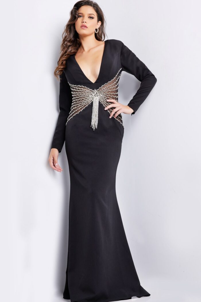 Full view of model in Jovani 26317 black dress with a deep V-neck and beaded accents.