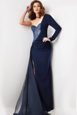Navy High Slit One Shoulder Gown 26323 | Jovani