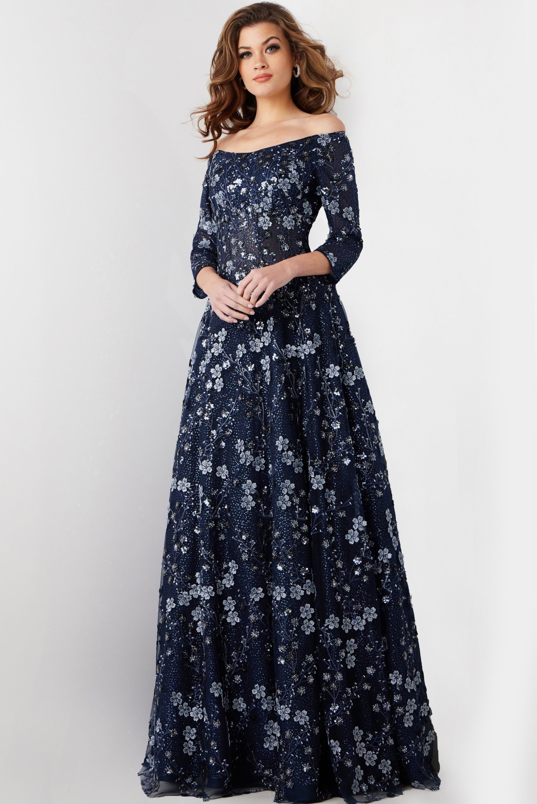 Navy Floral Embroidered Off the Shoulder Gown 26331 | Jovani