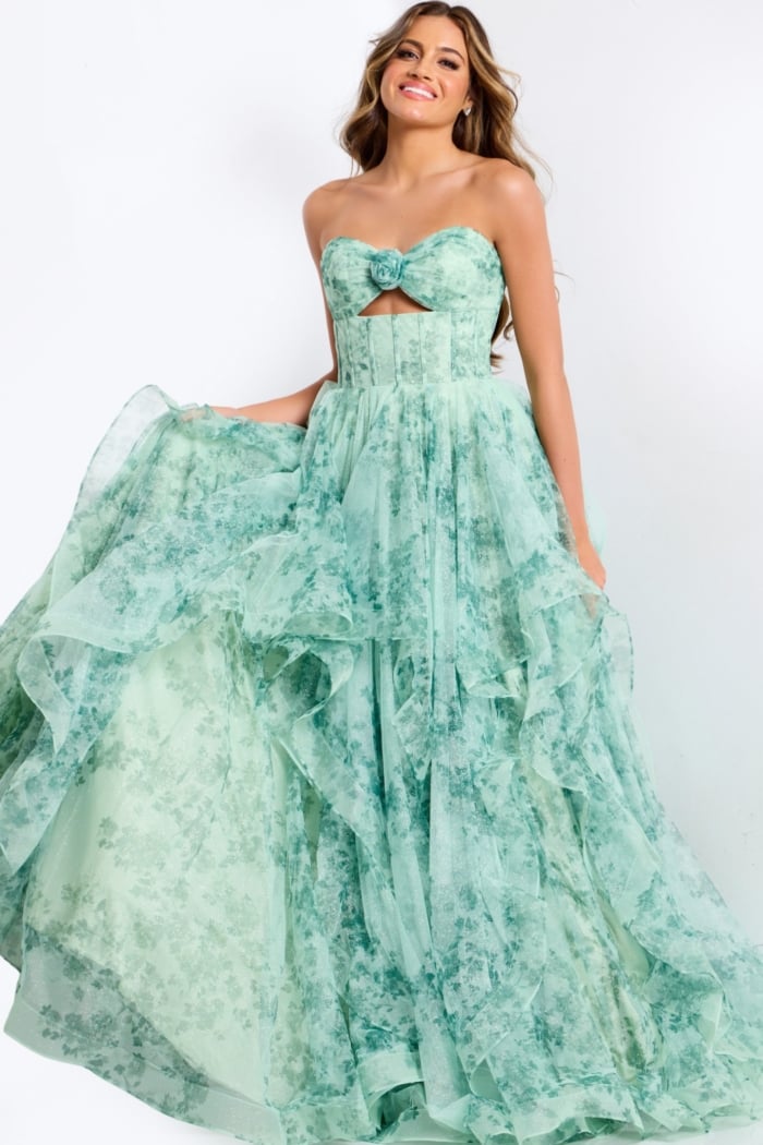 Strapless floral prom dress with ruffle layers