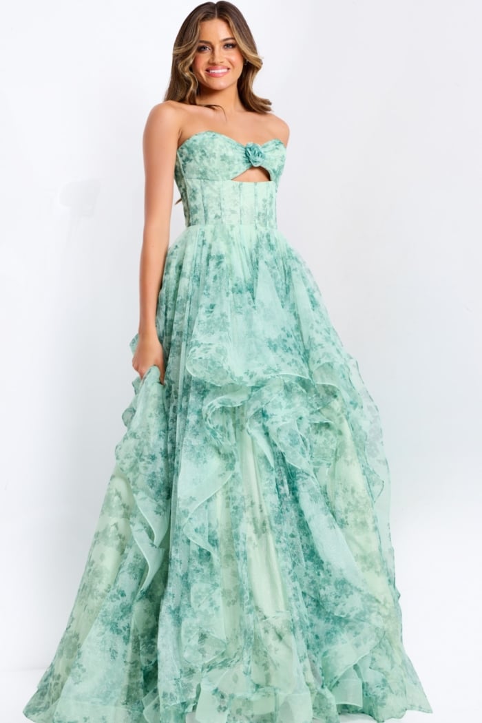 Green floral ball gown with bow front detail