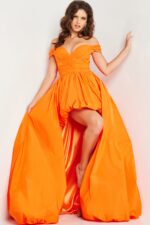 Styling showcase of Jovani 27804 orange dress with high-low hemline and elegant off-the-shoulder neckline, front view.