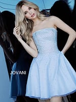 Front view of model wearing Jovani K2830 light blue dress with embellishments.