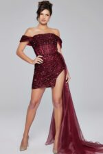 Burgundy off the Shoulder Beaded Dress 29632