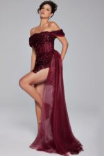 Model wearing Burgundy off the Shoulder Beaded Dress 29632