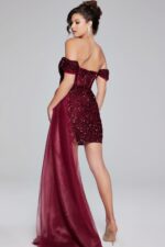 Model wearing Burgundy off the Shoulder Beaded Dress 29632