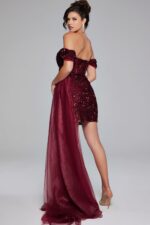 Model wearing Burgundy off the Shoulder Beaded Dress 29632