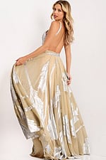 Flowing gold halter dress with crossover neckline
