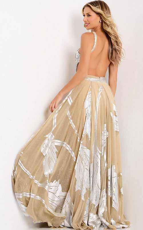 Glitter floral pattern prom gown with leg slit