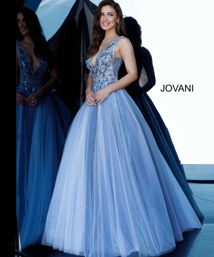 Model wearing Jovani 3110 blue ballgown with V-neckline, front view.