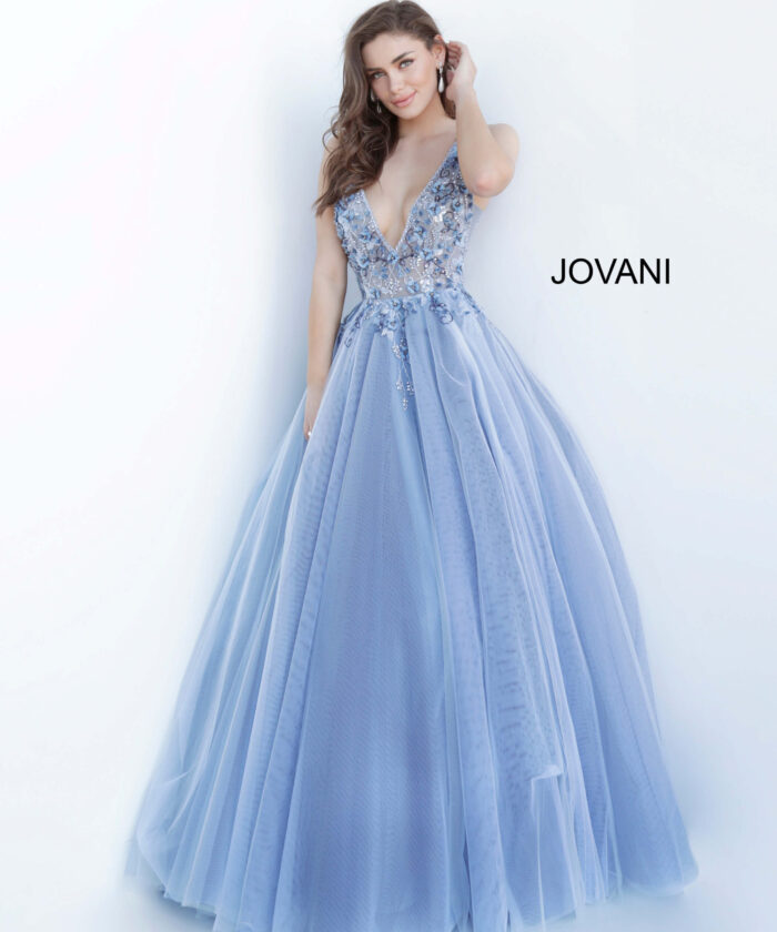Model wearing Jovani 3110 blue ballgown, front view.