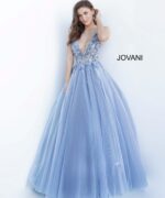 Model in Jovani 3110 blue ballgown with intricate details, front view.