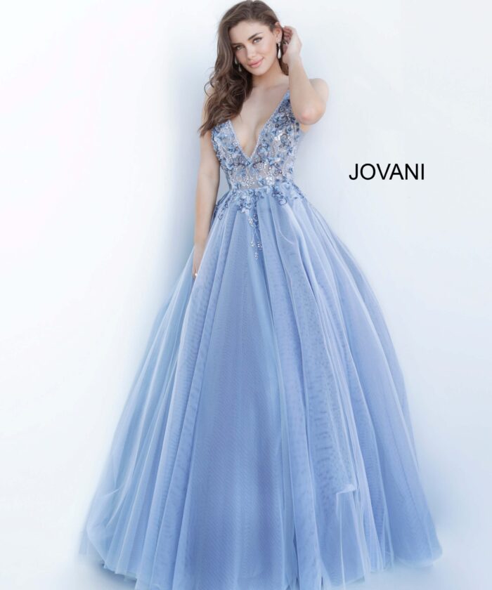 Model in Jovani 3110 blue ballgown with intricate details, front view.